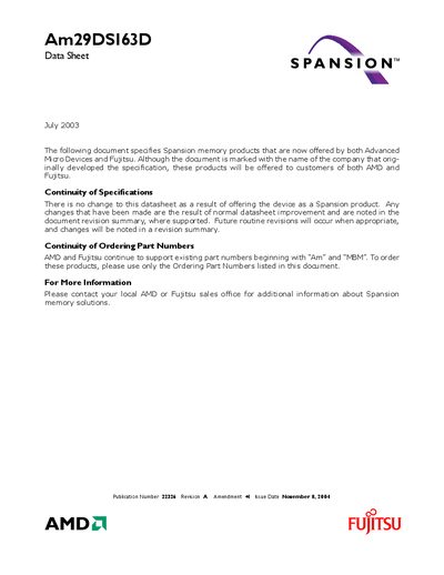 AMD Am29DS163D Flash Memory Datasheet - cover page