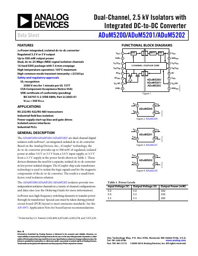 Analog Devices ADuM5200/ADuM5201/ADuM5202 Datasheet - cover page