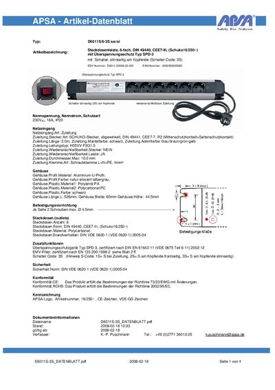APSA D6011S/6-3S sw/si Surge Protector Datasheet