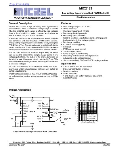 Micrel MIC2183 Low Voltage Synchronous Buck PWM Control IC Datasheet - cover page