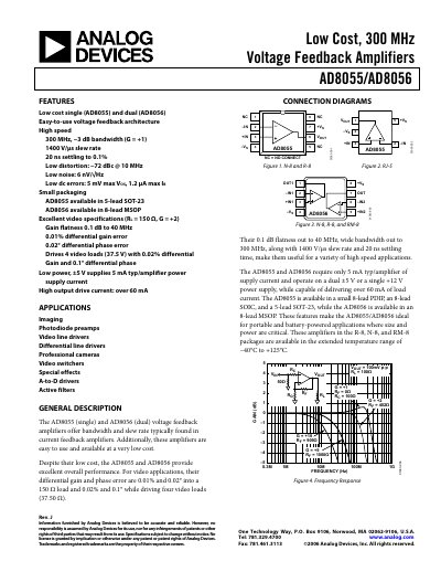 Analog Devices AD8055/AD8056 Voltage Feedback Amplifiers Datasheet