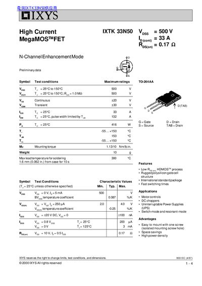 IXYS IXTK 33N50 MegaMOS FET Preliminary Datasheet - cover page