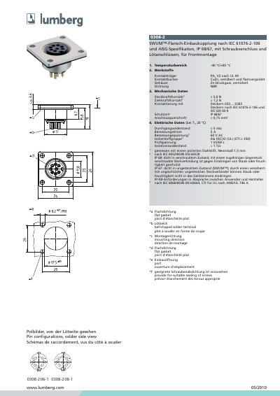 LUMBERG 0308-2 SWUM -Flansch-Einbaukupplung nach IEC 61076-2-106 und AISG-Spezifikation IP 68/67 mit Schraubverschluss und L&ouml;tanschl&uuml;ssen f&uuml;r Frontmontage - cover page
