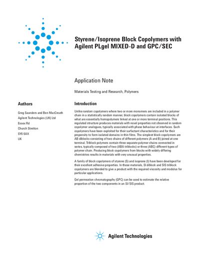 Agilent PLgel MIXED-D GPC/SEC Application Note for Styrene/Isoprene Block Copolymers - cover page