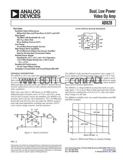 Analog Devices AD828 Video Op Amp Datasheet - cover page