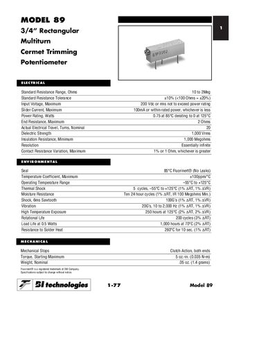 BI Technologies Model 89 Multiturn Cermet Trimming Potentiometer Datasheet - cover page
