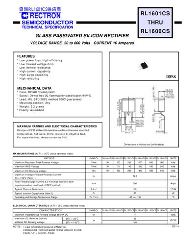 RECTRON RL1601CS‑RL1606CS Glass Passivated Silicon Rectifier Datasheet - cover page