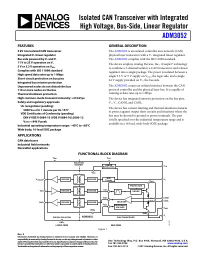 Analog Devices ADM3052 Isolated CAN Transceiver Product Handbook - cover page