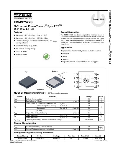 Fairchild FDMS7572S N-Channel PowerTrench SyncFET Datasheet - cover page