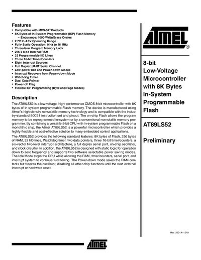 Atmel AT89LS52 8-bit Microcontroller Preliminary Manual - cover page