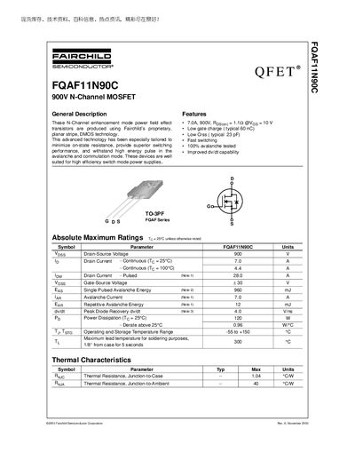 Fairchild FQAF11N90C MOSFET Datasheet - cover page