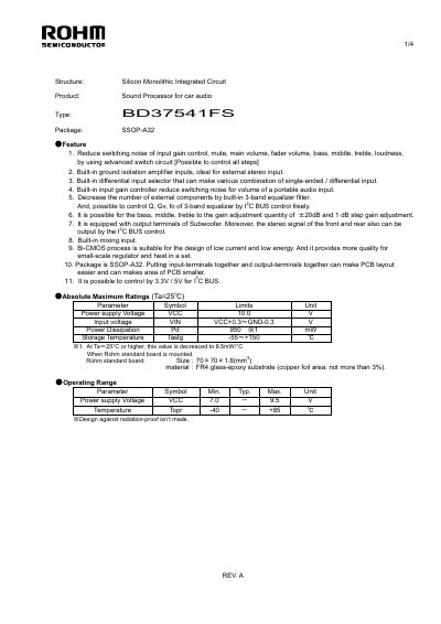 ROHM BD37541FS Sound Processor Datasheet - cover page