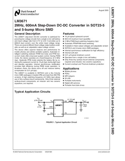National Semiconductor LM3671 Step-Down DC-DC Converter Datasheet - cover page