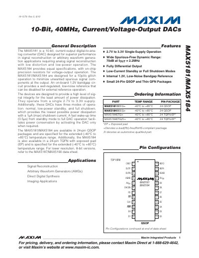 Maxim MAX5181/MAX5184 10-bit Current/Voltage Output DAC Datasheet - cover page