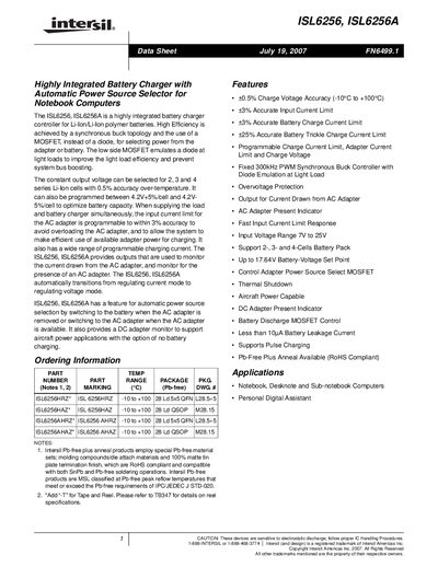 Intersil ISL6256/ISL6256A Battery Charger Datasheet - cover page