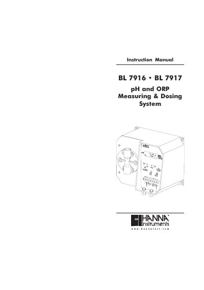 Hanna Instruments BL 7916/BL 7917 pH and ORP Measuring & Dosing System Instruction Manual - cover page