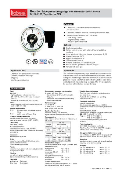 Labom BE4 Series Bourdon Tube Pressure Gauge with Electrical Contact Device Datasheet - cover page