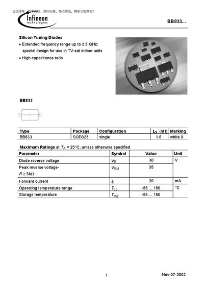 Infineon BB833 Silicon Tuning Diodes Datasheet - cover page