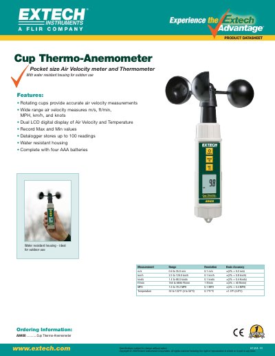 EXTECH AN400 Cup Thermo-Anemometer Product Datasheet - cover page