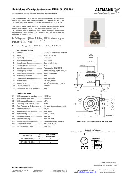 Altmann DP18 St K18488 Precision Wire Potentiometer Datasheet