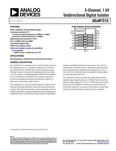Analog Devices ADuM7510 Data Sheet - cover page