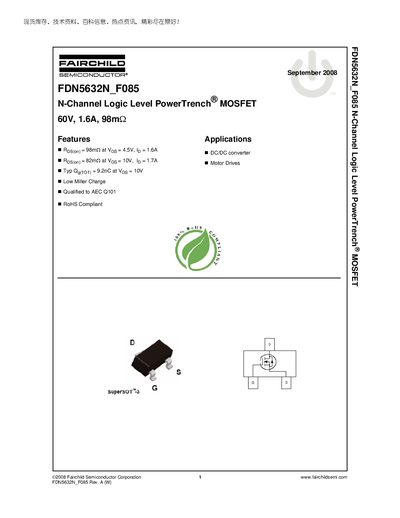 Fairchild FDN5632N_F085 N-Channel Logic Level PowerTrench MOSFET Datasheet - cover page