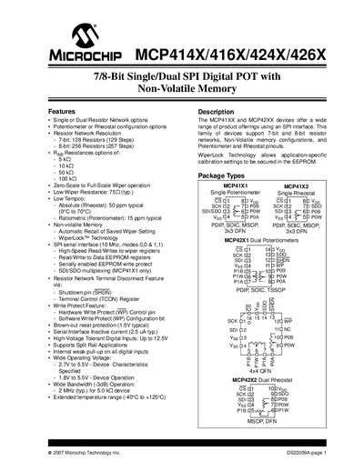 Microchip MCP414X/416X/424X/426X Digital Potentiometer Datasheet - cover page