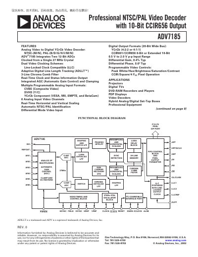 Analog Devices ADV7185 Video Decoder Datasheet
