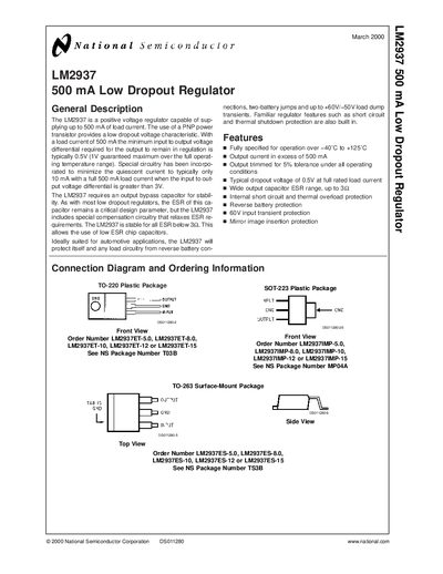 National Semiconductor LM2937 Low Dropout Regulator Datasheet - cover page