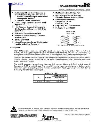 Texas Instruments bq2019 Advanced Battery Monitor IC Datasheet - cover page