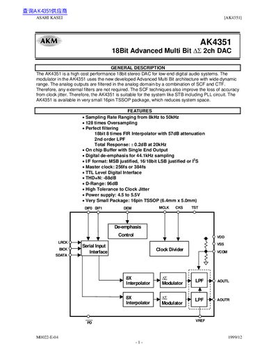 AKM AK4351 18-bit Stereo DAC Datasheet - cover page