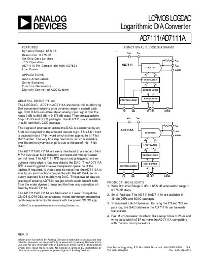 Analog Devices AD7111/AD7111A LOGDAC Datasheet - cover page