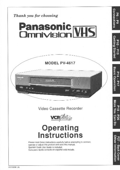 Panasonic PV-4617 Video Cassette Recorder Operating Instructions - cover page