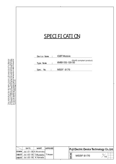 FUJI ELECTRIC - SPECIFICATION Device Name : Type Name : Spec. No. : H04-004-07b IGBT Module 6MBI15S-120-50 Manual - cover page