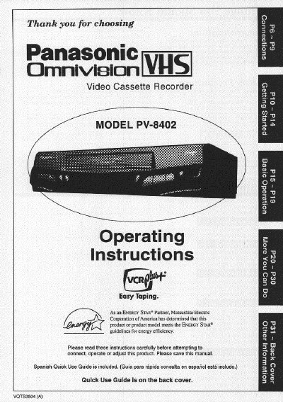 Panasonic PV-8402 VCR Operating Instructions - cover page