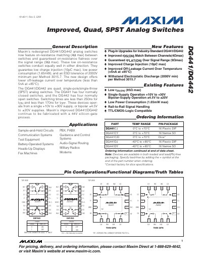 Maxim DG441/DG442 Analog Switch Data Sheet - cover page