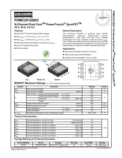Fairchild Semiconductor FDMC2512SDC N-Channel Dual Cool PowerTrench SyncFET Datasheet - cover page