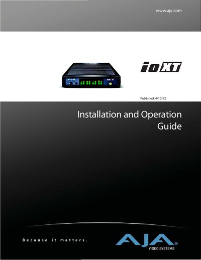 AJA io XT Installation and Operation Guide - cover page
