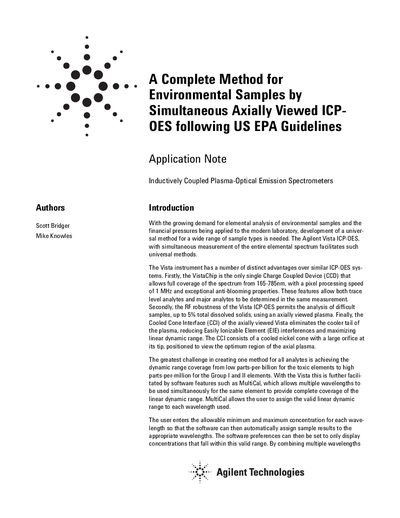 Agilent Vista Axial ICP-OES Environmental Analysis Application Note - cover page