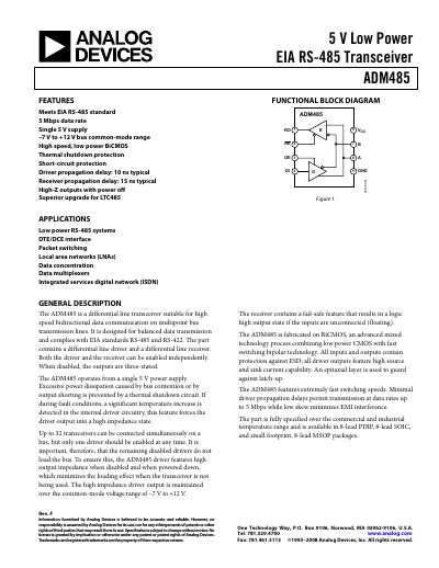Analog Devices ADM485 5 V Low Power RS‑485 Transceiver Data Sheet