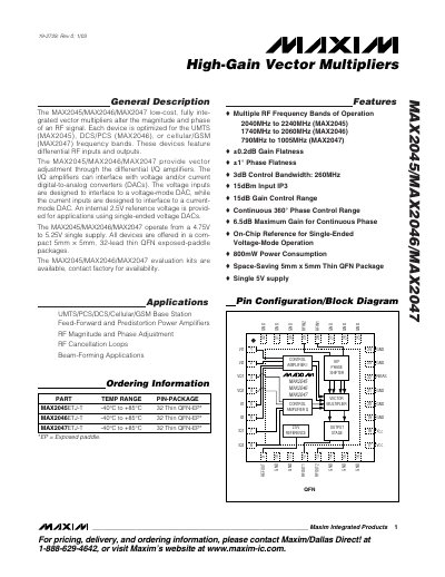 Maxim MAX2045/MAX2046/MAX2047 High-Gain Vector Multipliers Datasheet