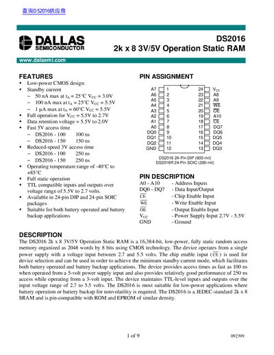 Dallas Semiconductor DS2016 2k x 8 Static RAM Datasheet - cover page
