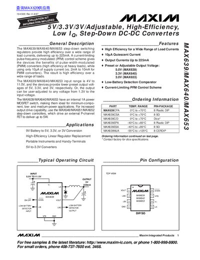 Maxim MAX639/MAX640/MAX653 High-Efficiency Low-IQ Step-Down DC-DC Converters Handbook