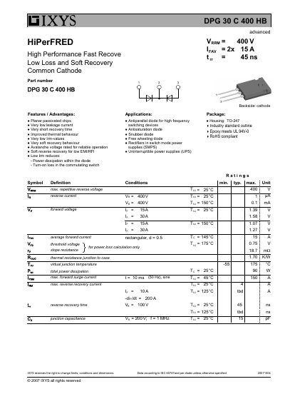 IXYS DPG 30 C 400 HB Diode Datasheet - cover page