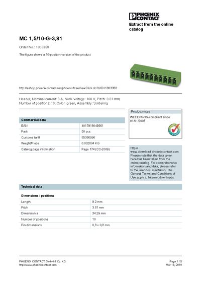 PHOENIX CONTACT - MC 1 5/10-G-3 81 Order No.: 1803358 The figure shows a 10-position version of the product handbook - cover page