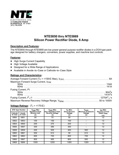 NTE NTE5850 thru NTE5869 Silicon Power Rectifier Diode Datasheet - cover page