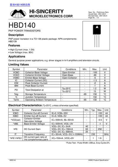 HI-SINCERITY HBD140 PNP Power Transistor Datasheet - cover page