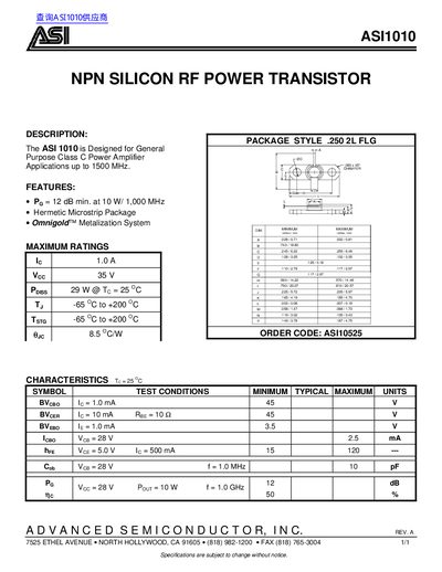 Advanced Semiconductor ASI1010 NPN Silicon RF Power Transistor Datasheet - cover page