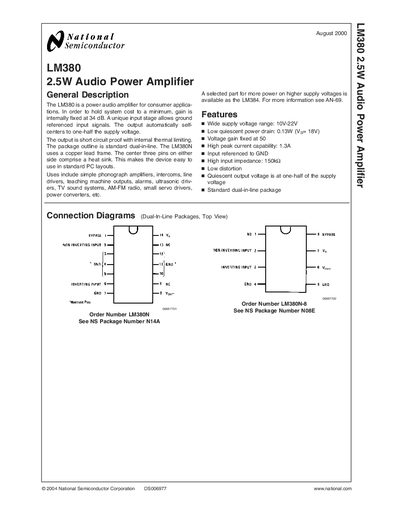 National Semiconductor LM380 Audio Power Amplifier Datasheet - cover page