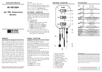 Hanna Instruments HI 981504 pH TDS Temperature Monitor Instruction Manual - cover page